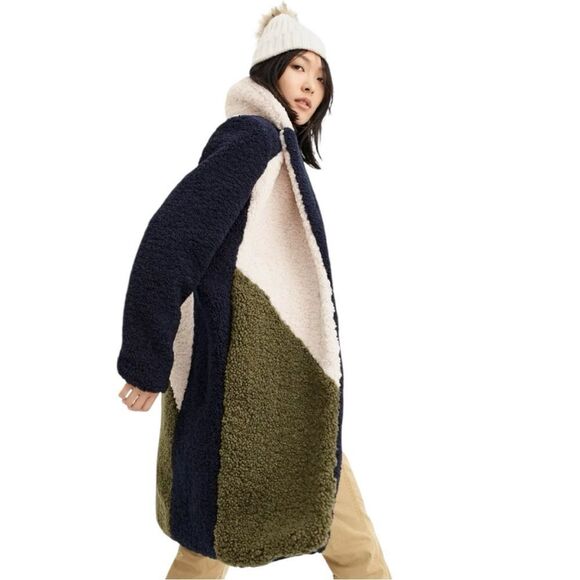J.Crew Color block Sherpa Faux Shearling TopCoat Navy/Ivory/Olive Sz L - Picture 1 of 11